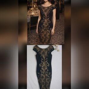 Theia Couture Sz 8 Black Gold Lace Tall Long Sheath Midi Dress Wedding Guest